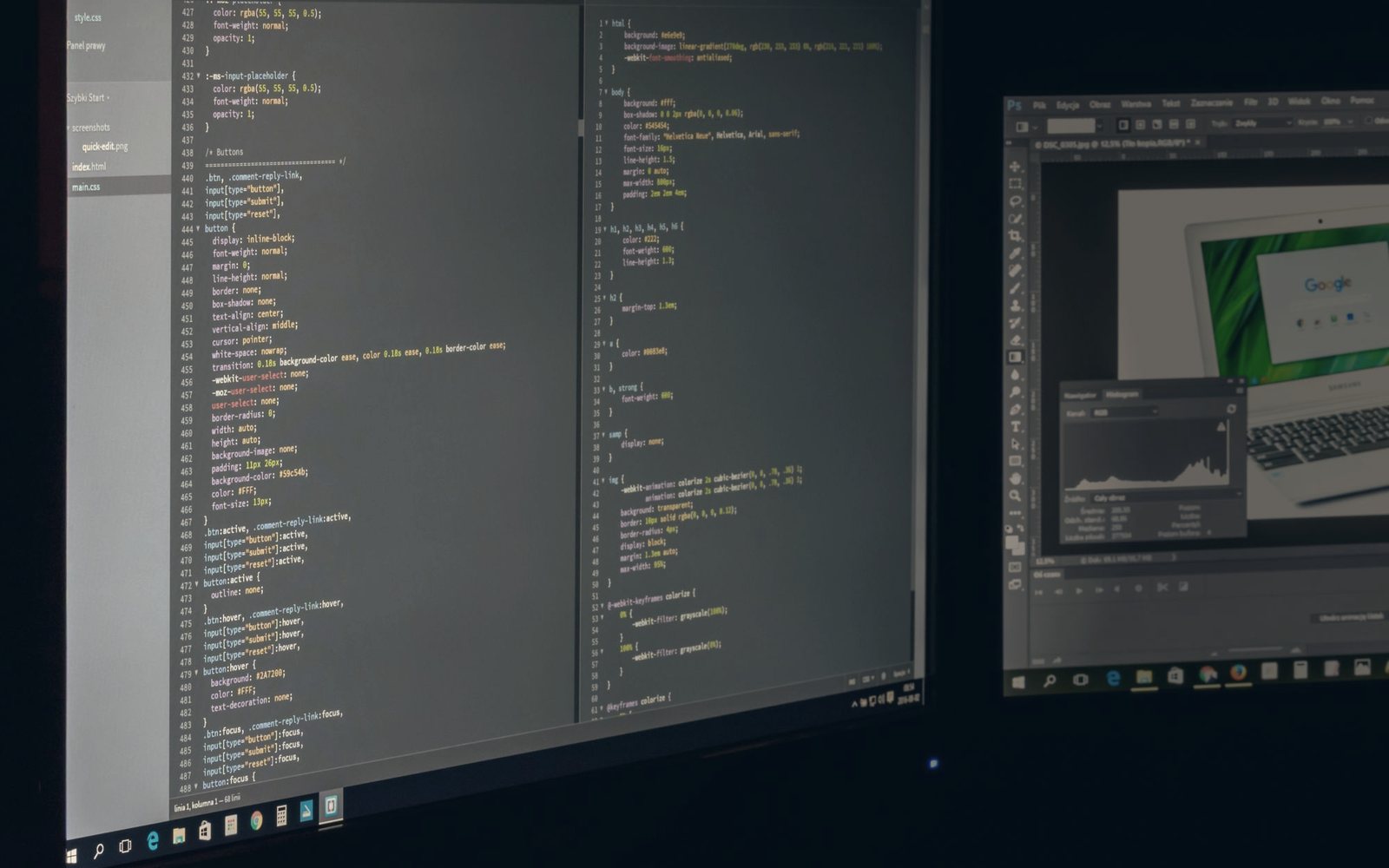 Temporary photograph of a dual-screen studio with code and image editing