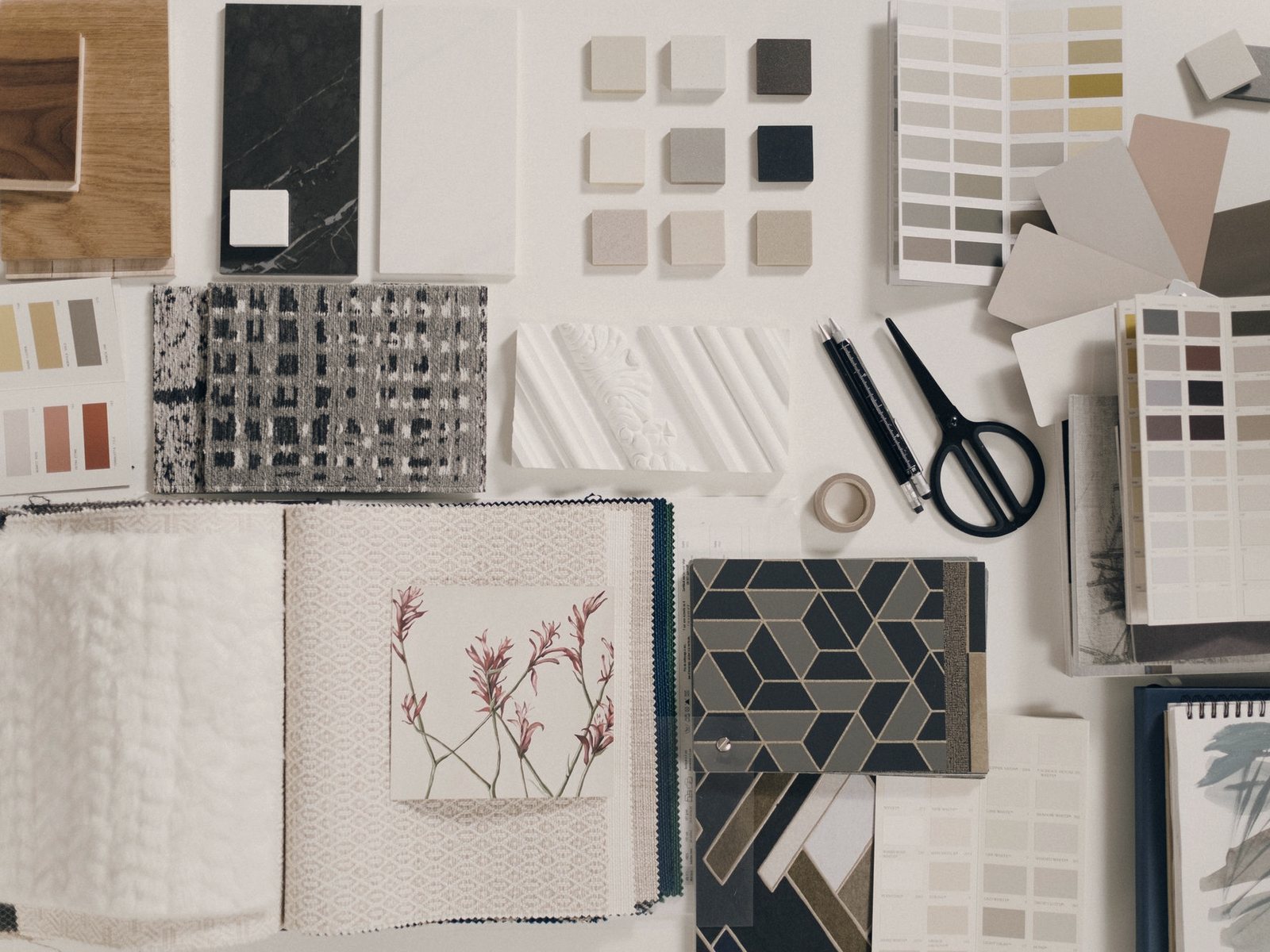 Temporary photograph of material samples in stone, timber and textile